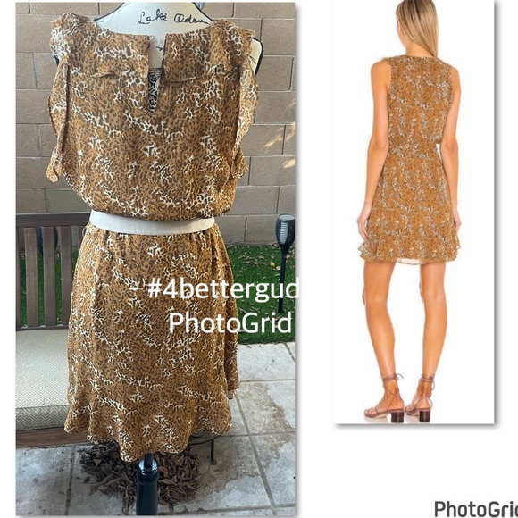 NEW Paige Tia Silk Belted Ruffle Leopard Animal Print Caramel Spice Mini Dress L - Picture 3 of 16